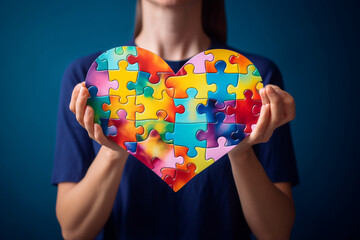 International autism day concept. Woman holding heart shape symbol made from colorful puzzle pattern pieces. Generative AI