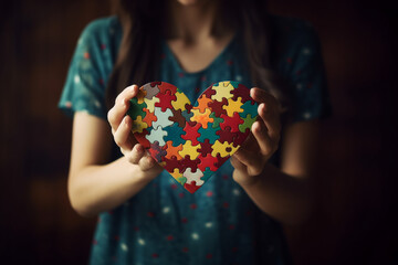International autism day concept. Woman holding heart shape symbol made from colorful puzzle pattern pieces. Generative AI