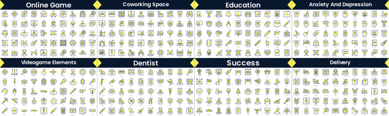 Linear Style Icons Pack. In this bundle include online game, coworking space, education, anxiety and depression, videogame elements, dentist, success, delivery