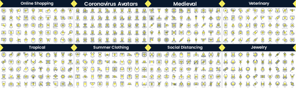 Linear Style Icons Pack. In this bundle include online shopping, coronavirus avatars, medieval, veterinary, tropical, summer clothing, social distancing, jewelry