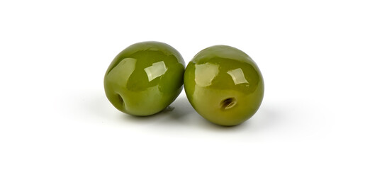 Fresh green olives, isolated on white background.