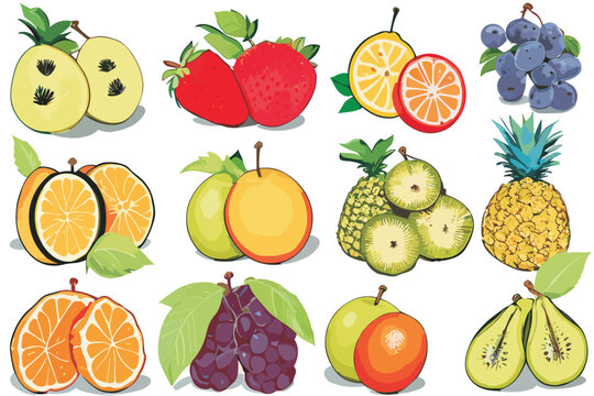 Vector set of exotic fruits and berries (strawberry, orange, pineapple, pear, grape, tangerine, kiwi, apple, lemon) with green leaves isolated on a white background. 