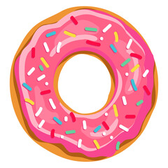 Pink Donut Doughnut Clipart with sprinkles isolated on a white background. Cute, colorful and glossy donut with glaze and powder. Realistic vector illustration. - obrazy, fototapety, plakaty