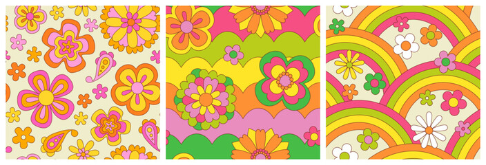Vintage flower seamless pattern set. Retro psychedelic floral background art collection. Groovy colorful spring texture, hippie seventies nature backdrop print with repeating daisy flowers.