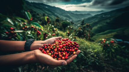 Hands full of Colombian coffee