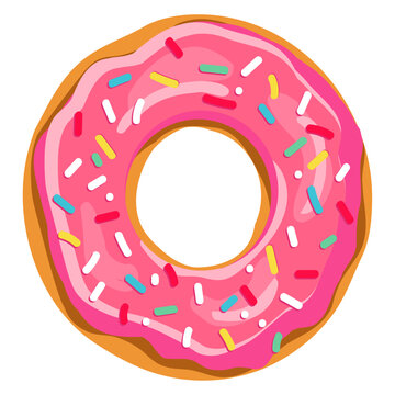 Pink Donut Doughnut Clipart with sprinkles isolated on a white background. Cute, colorful and glossy donut with glaze and powder. Realistic vector illustration.