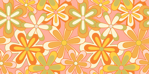 Vintage flower seamless pattern illustration. Retro psychedelic floral background art design. Groovy colorful spring texture, hippie seventies nature backdrop print with repeating daisy flowers.
