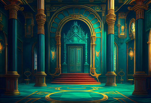 Photorealistic Interior Of A Castle Or Palace Decorated With Green Malachite Ornamental Stone And Gold. AI Generative.