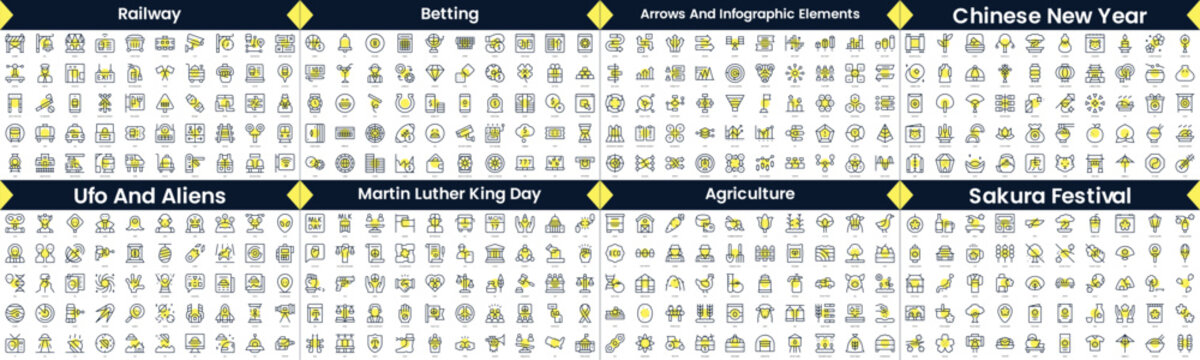 Linear Style Icons Pack. In this bundle include railway, betting, arrows and infographic elements, chinese new year, ufo and aliens, martin luther king day, agriculture, sakura festival