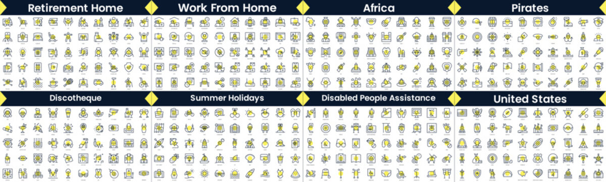 Linear Style Icons Pack. In this bundle include retirement home, work from home, africa, pirates, discotheque, summer holidays, disabled people assistance, united states