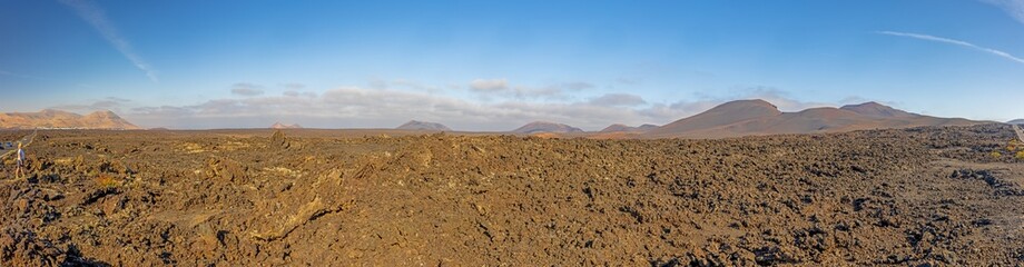 Panoramic view over the barren volcanic Timanfaya National Park on Lanzarote