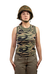 A beautiful soldier girl standing on white background