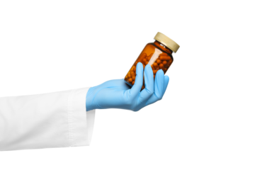 A jar of pills in the hand of a doctor or nurse on a white background. Hand in a medical gown and medical gloves.