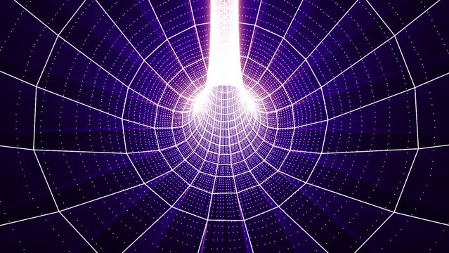 Endless glowing futuristic tunnel. Abstract background animation. Seamless neon purple cosmic tunnel in the space. Technology, artificial intelligence, data flow, innovations, cosmos. 4k seamless loop