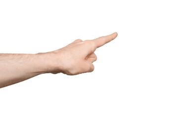 A man's hand points the direction with his finger. Points diagonally to the side.  Index finger...