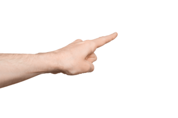 A man's hand points the direction with his finger. Points diagonally to the side.  Index finger pressing something. Isolate on a white background.