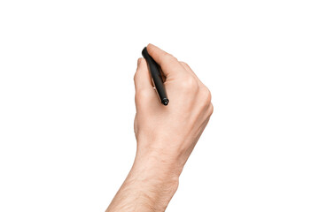 Male hand puts a digital signature, isolate on a white background. Male hand with a digital pen.