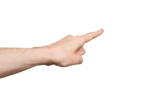 A man's hand points the direction with his finger. Points diagonally to the side.  Index finger pressing something. Isolate on a white background.