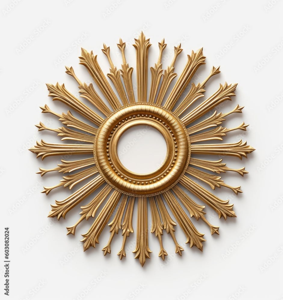 Poster round shape frame made with golden tubes, sun symbol element, isolated on white background created w