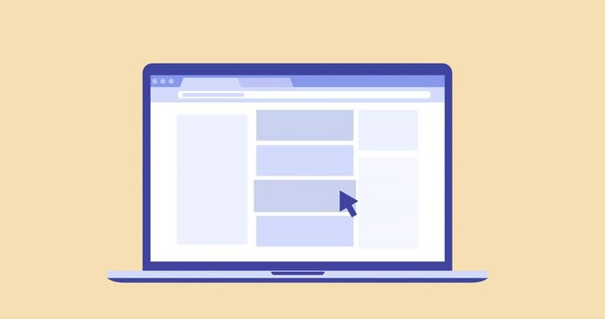 Laptop Screen with Open Browser, Website 2D Animation. Web Surfing Concept. 4K