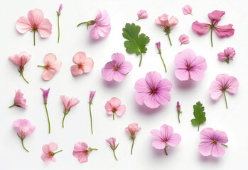 Blooming Pink Geraniums: Isolated Floral Design Elements in Top View, generative AI