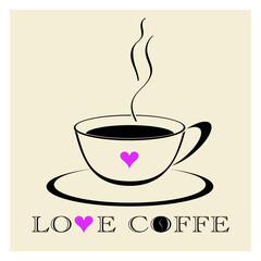 Stylised simple curve line cup of coffee with steam and heart on cup and words love coffee with heart as V and coffee bean 