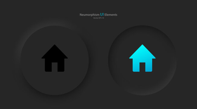 A set of round buttons with gray and blue home symbols. User interface elements for mobile devices in the style of neumorphism, UI, UX. Vector illustration.