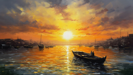 Fototapeta premium Venice Italy (inspired) sunset beautiful oil painted art generated by AI