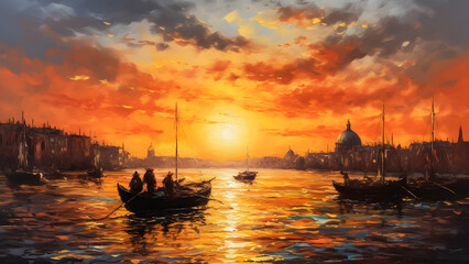 Venice Italy (inspired) sunset beautiful oil painted art generated by AI