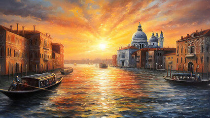 Fototapeta na wymiar Venice Italy (inspired) sunset beautiful oil painted art generated by AI