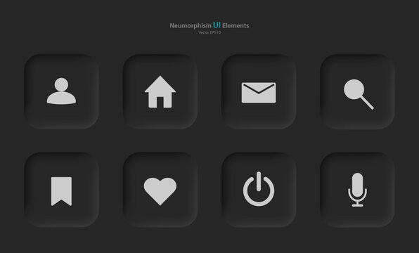 Buttons for mobile devices in the style of neumorphism, UI, UX. A set of user interface elements for a mobile application in black with gray elements. Vector EPS 10.