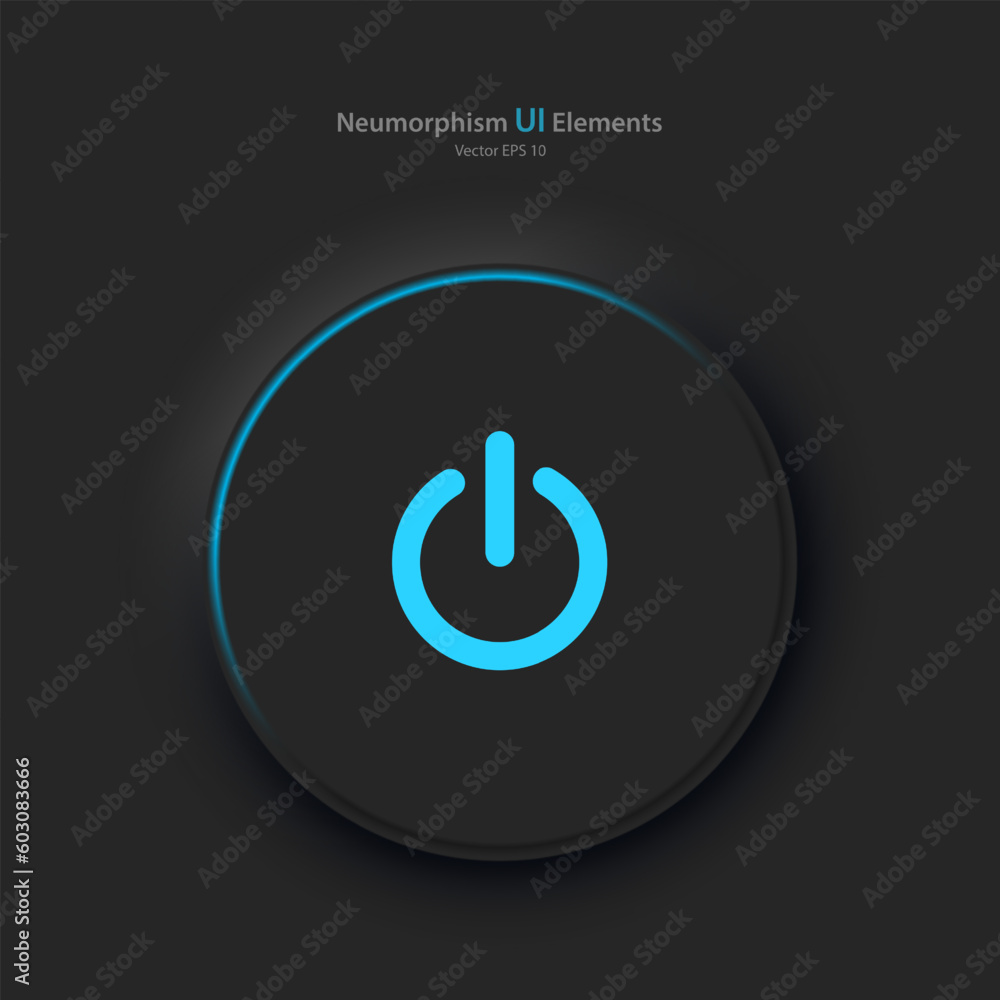 Poster round power button on a black background. user interface elements in the style of neumorphism, ux. v