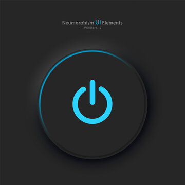 Round power button on a black background. User interface elements in the style of neumorphism, UX. Vector EPS 10.