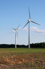 Two wind power generators in a field shot against a blue sky.