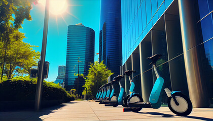Bike sharing, scooter sharing - mobile personal electric transport in the business center of the city. AI generative.