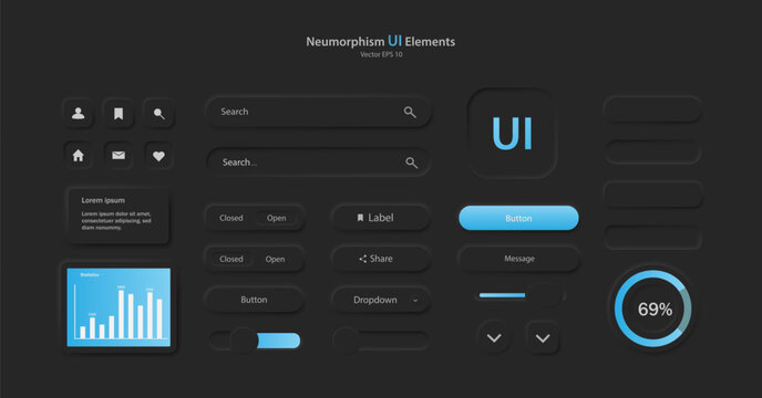 A collection of user interface elements for a mobile application. A set of icons for user interface development in black and blue. Buttons for mobile devices in the style of neumorphism, UI, UX