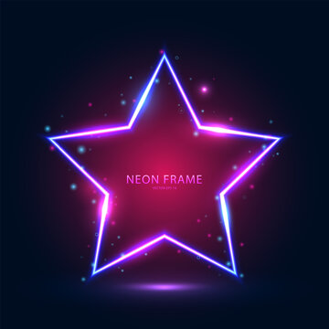 Neon star-shaped frame with shining effects and highlights on a dark blue-pink background. Futuristic sci-fi modern neon glowing banner. Vector illustration.