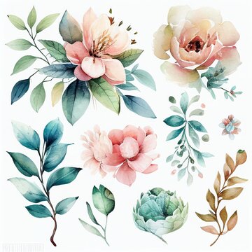 set of flowers, watercolor style Generative AI