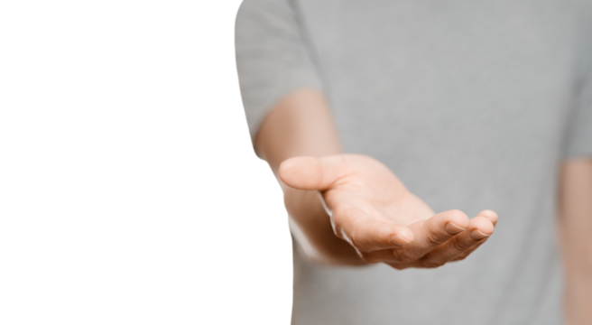 A man in a gray T-shirt holds out his hand to the camera, palm up. Male silhouette isolate on white background. Showing his hand to the camera. - Powered by Adobe