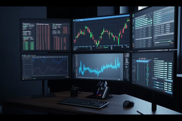 Fototapeta premium Business and finance concept. Many screens with trading setup and charts on the screens. Copy space. Generative AI