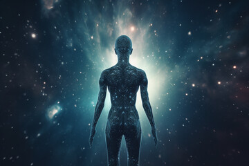 State of mind, meditation, esoteric and spiritual life. Man dark silhouette in space background. Afterlife and connection with other worlds. Generative AI