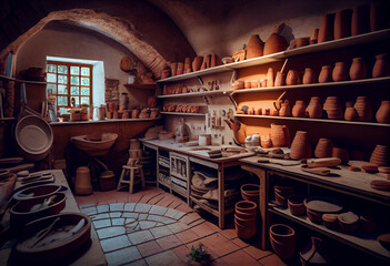Obraz na płótnie Canvas Pottery workshop, interior with shelves filled with various ceramics, pots and vases. AI generative.