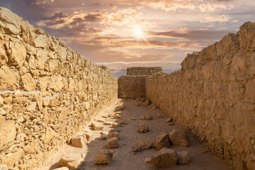 Israel Panoramic views from Masada Fortress in National Park in Negev Judaean Desert near Dead Sea.