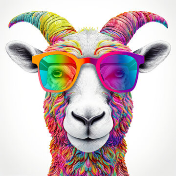 Cartoon colorful goat with sunglasses on isolated background. Created with generative ai