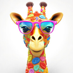 Fototapeta premium Cartoon colorful giraffe with sunglasses on isolated background. Created with generative ai
