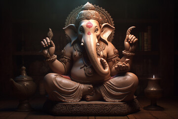 Religion and culture concept. Beautiful Hindu god Ganesha with elephant head sculpture. Generative AI