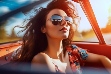 beautiful woman driving convertible car in daylight in aviator style sunglasses and casual clothes - obrazy, fototapety, plakaty