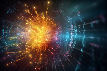 Naklejka na ściany i meble Science and technology concept. God particle or Higgs boson illustration during atoms collision. Generative AI