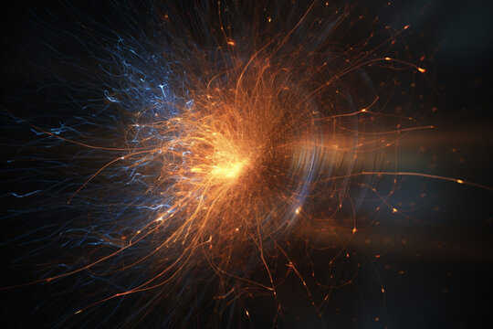 Science and technology concept. God particle or Higgs boson illustration during atoms collision. Generative AI