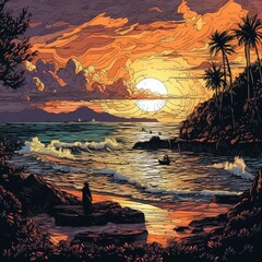 Sea sun, evening sunset on the seashore. Abstract art design. Fairy tale fantasy illustration. Fantasy world. generative ai